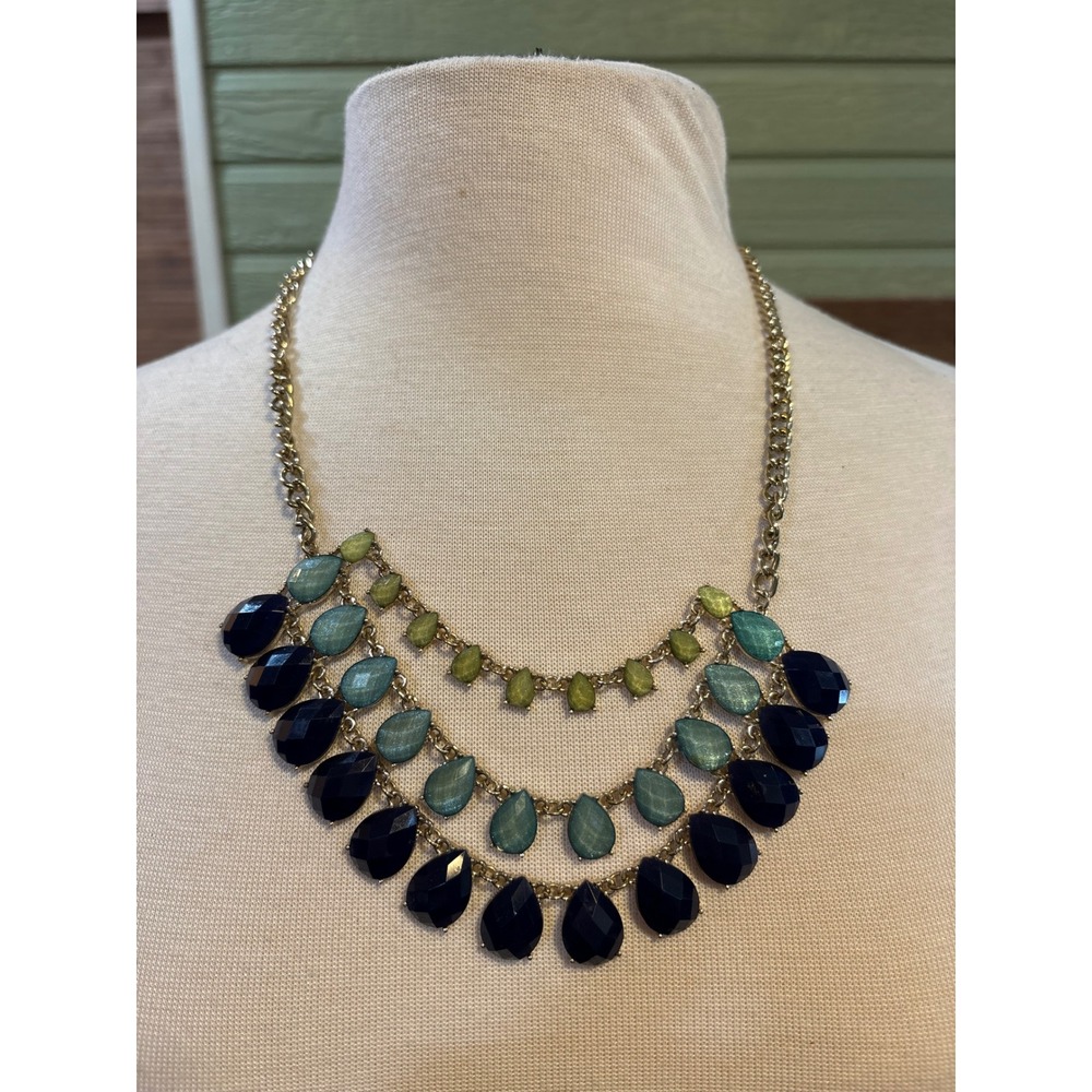 Gold Tone Stacked Blue Green Turquoise Statement Bib Necklace Teardrop 22 Inch